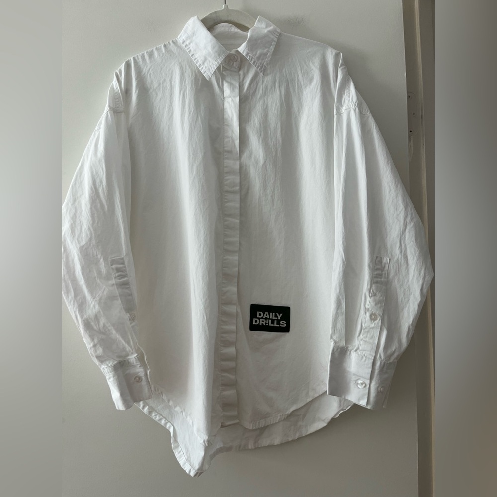 Daily Drills White Button-Down Shirt with Logo Patch